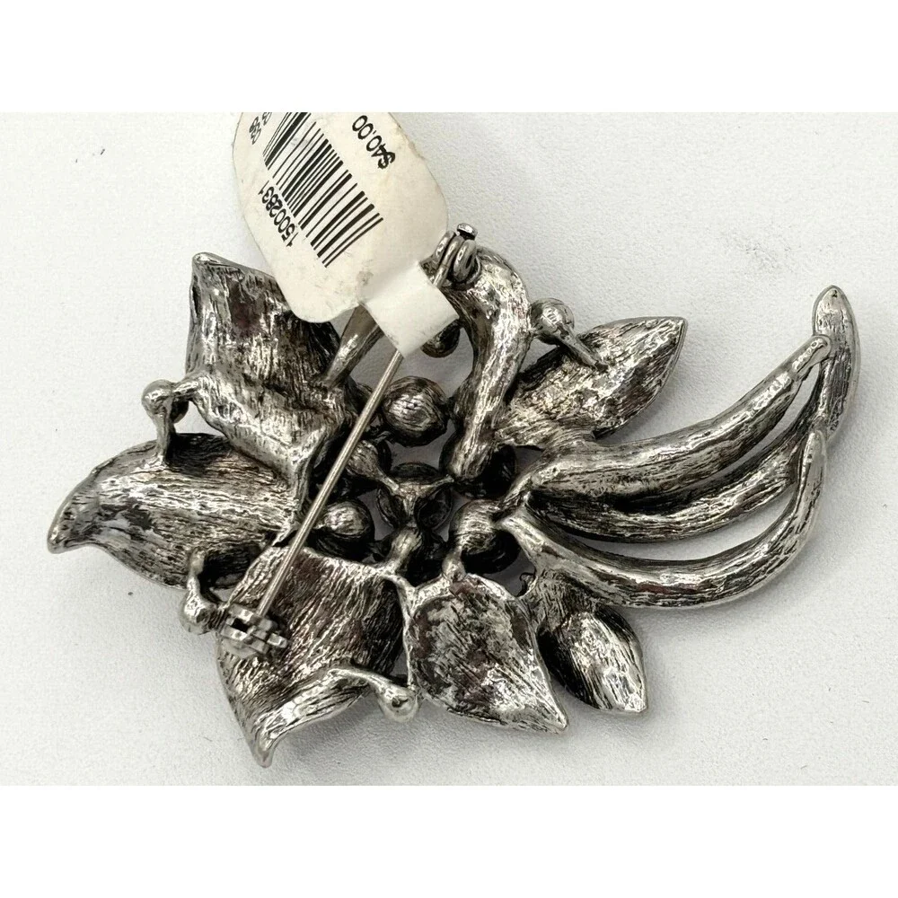 Express Crystal Floral Rhinestone Brooch PurplePink Silvertone Statement Pin NWT
